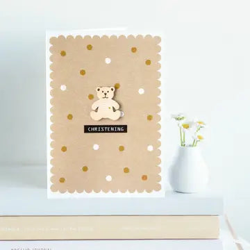 Christening Wooden Bear Embellished card