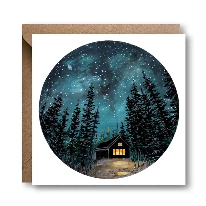 Cabin At Night Greetings Card