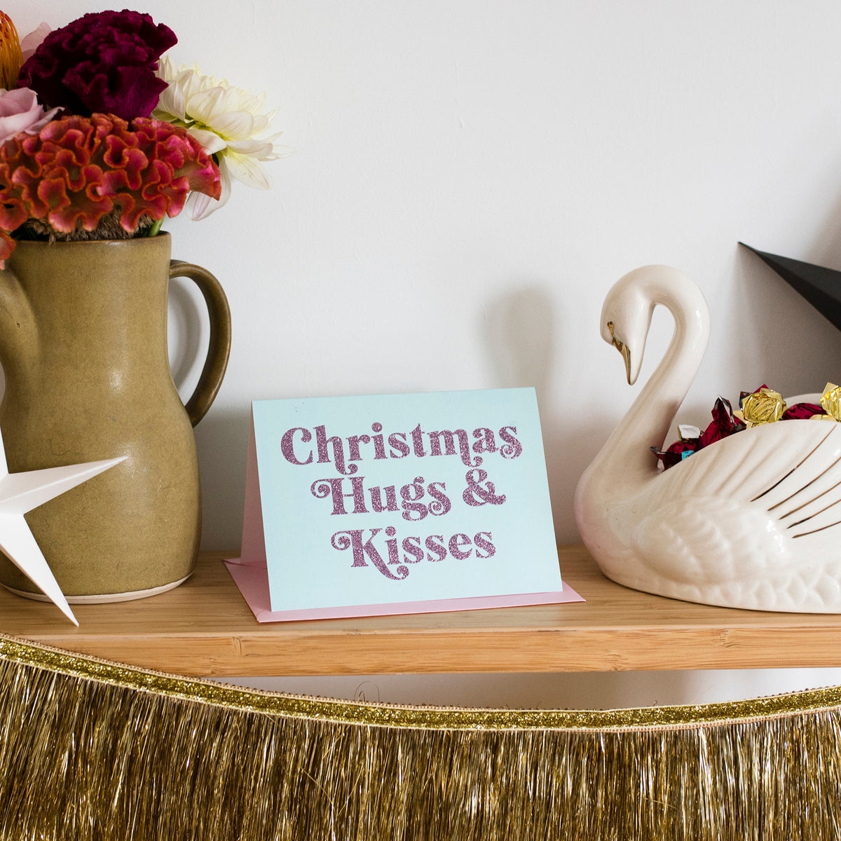 Christmas Hugs & Kissed glitter card