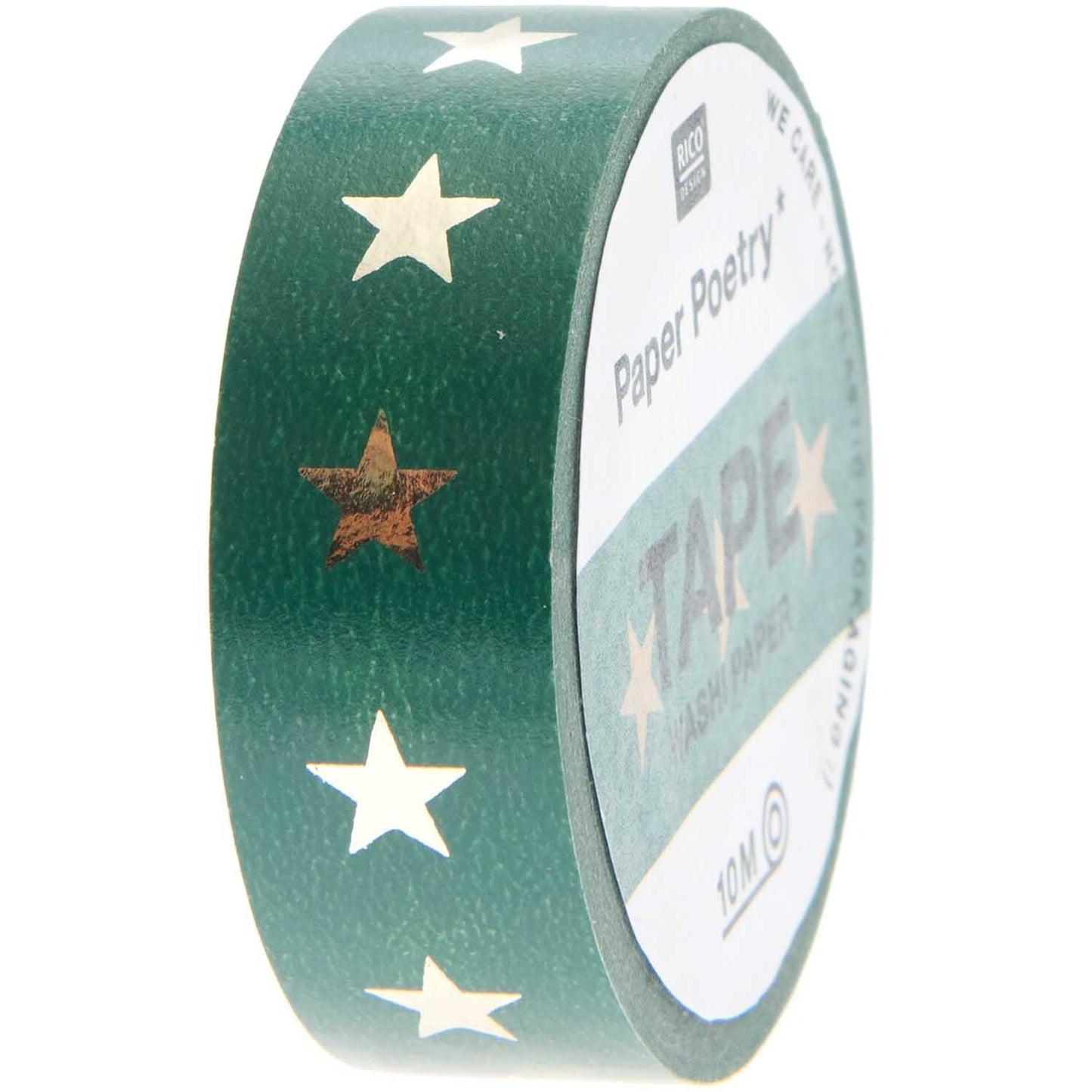 A roll of green washi tape with gold stars from the Pencil Me In stationery shop.