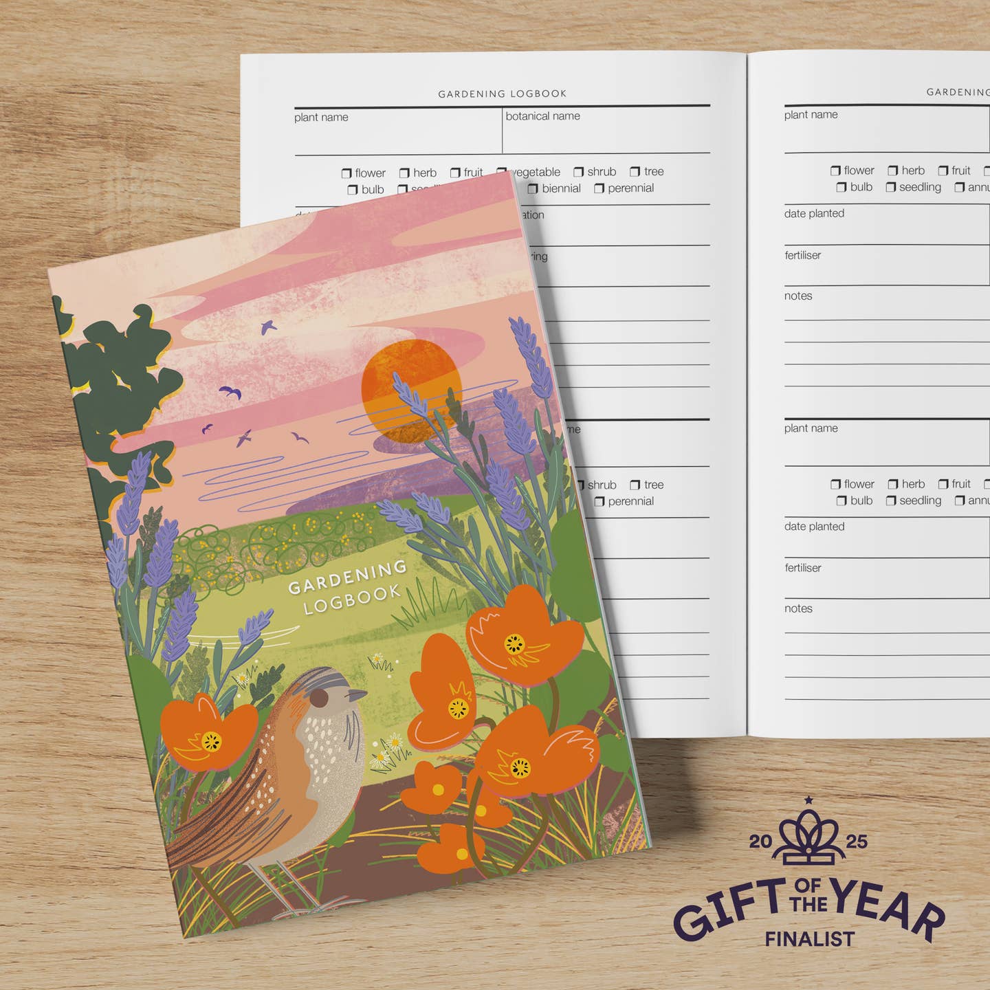 A gardening log book with a bird on the cover from the Pencil Me In stationery shop.