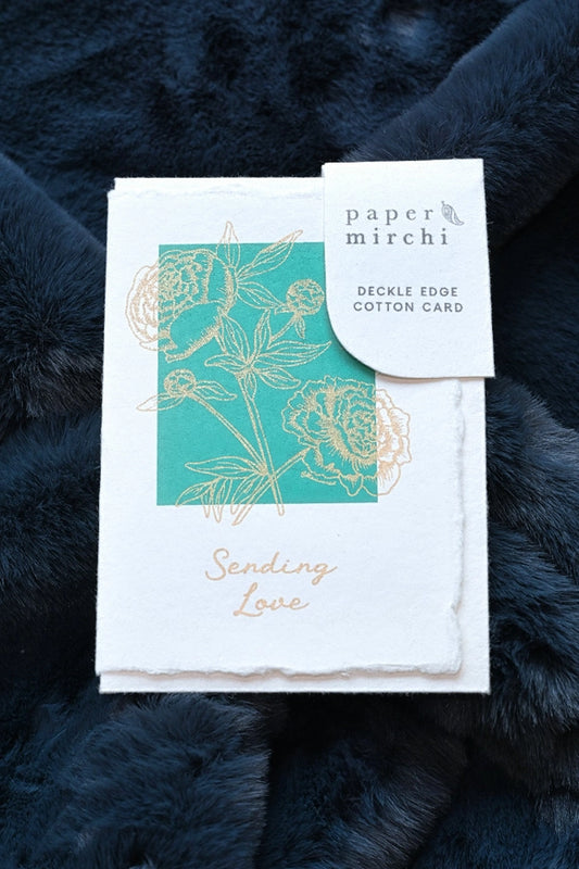 Teal Peony Deckle Edge Cotton Card - "Sending Love"