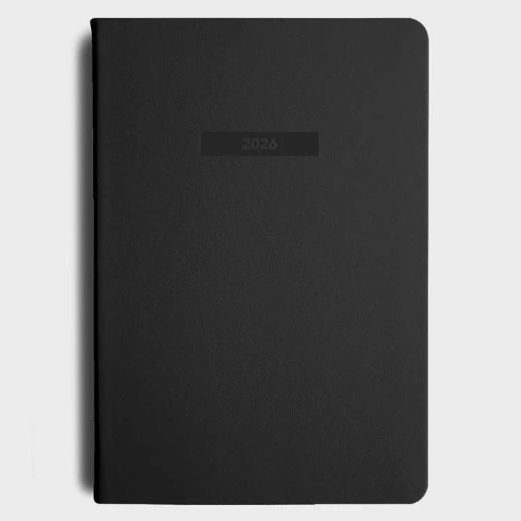 Black diary on a white background