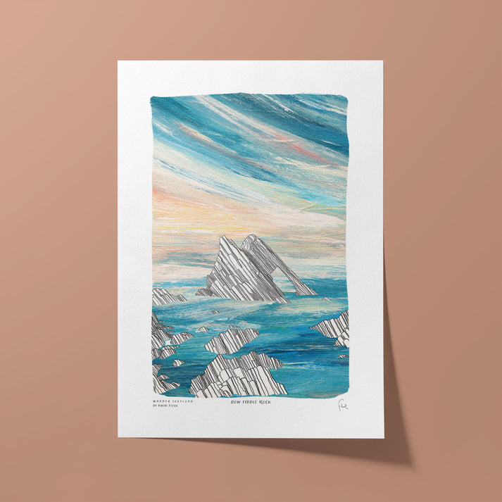 An A4 print of the Bow Fiddle Rock from Pencil Me In stationery shop.