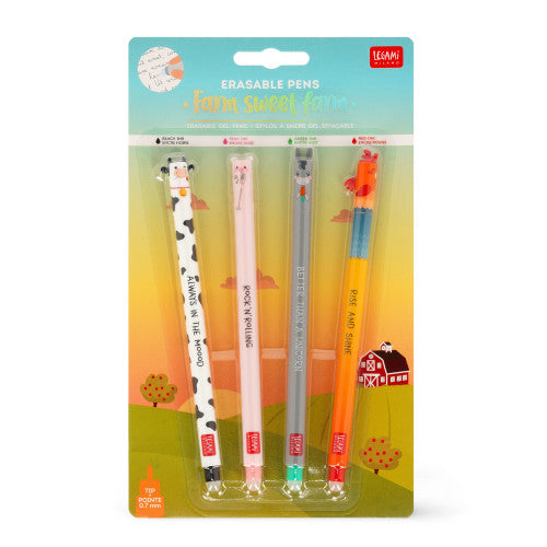 A pack of 4 farm yard themed erasable pens from the Pencil Me In stationery shop.