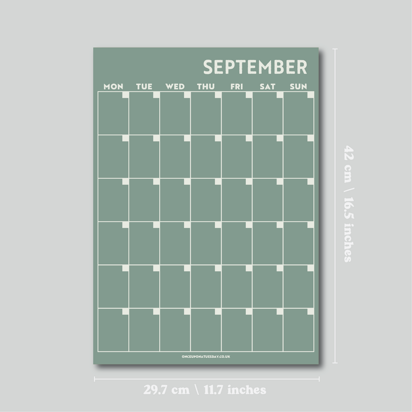 An image showing the dimensions of undated monthly planner from Pencil Me In stationery shop.  