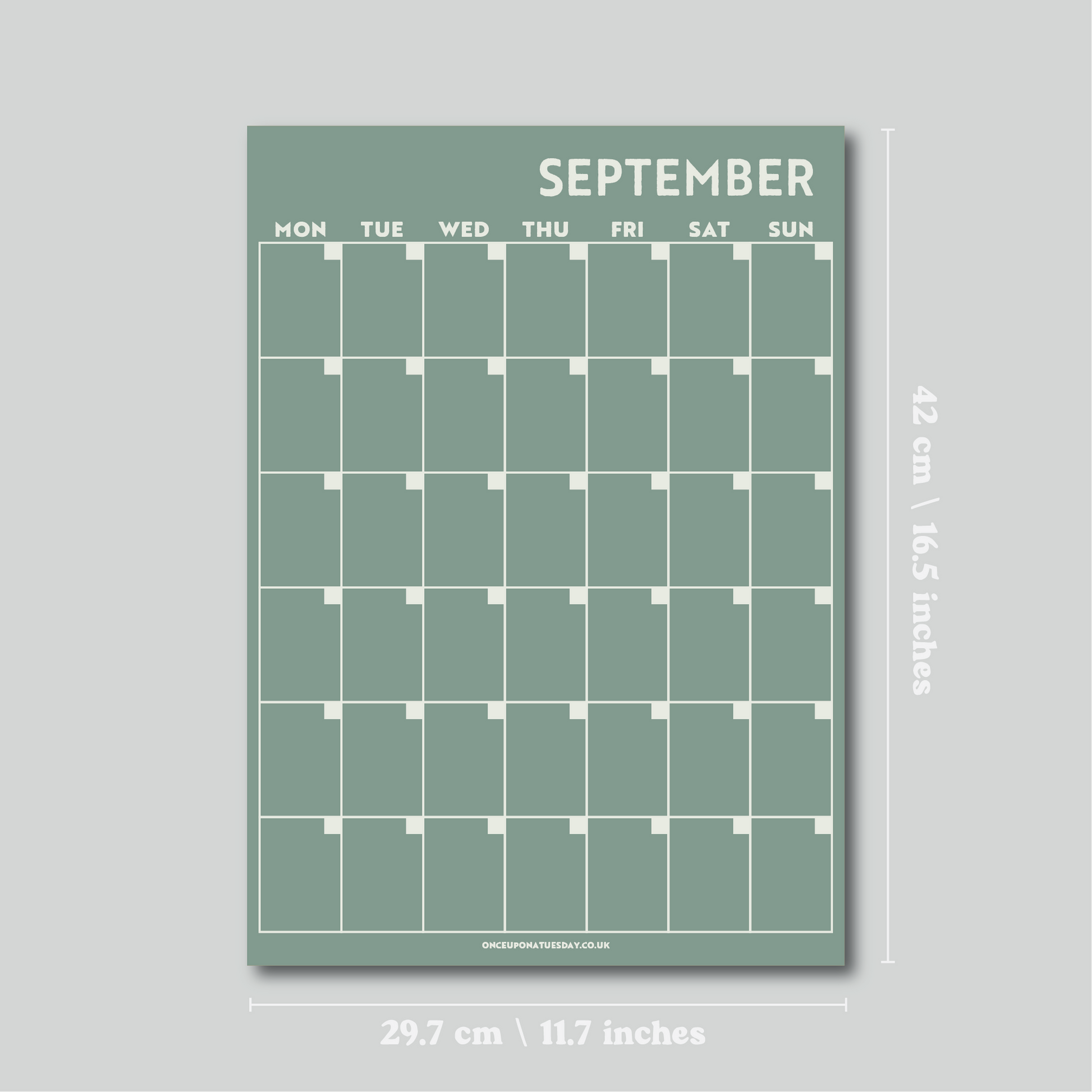 An image showing the dimensions of undated monthly planner from Pencil Me In stationery shop.  