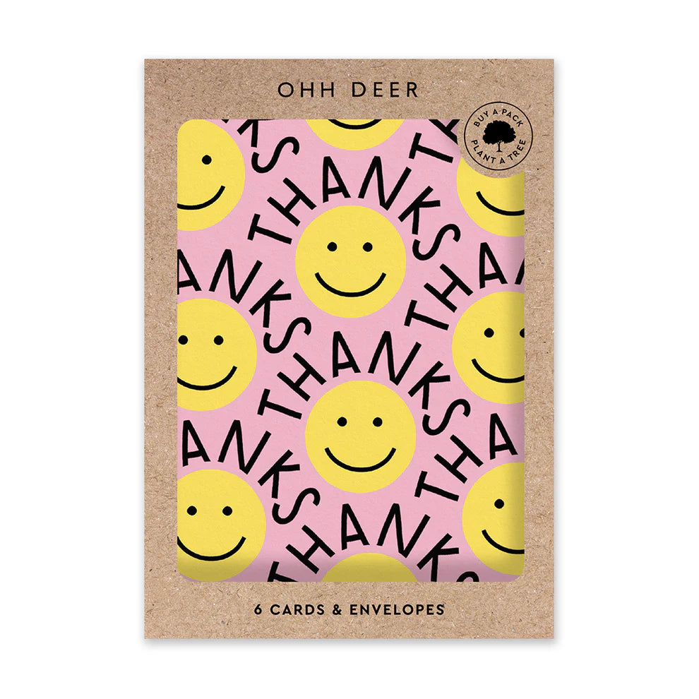 Yellow Smiley Thanks card set - pack of 6