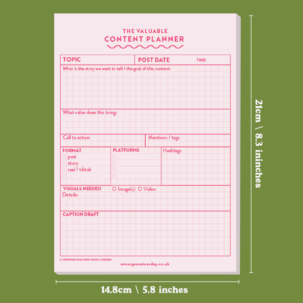 Pink social media content planning pad from the Pencil Me In stationery shop.
