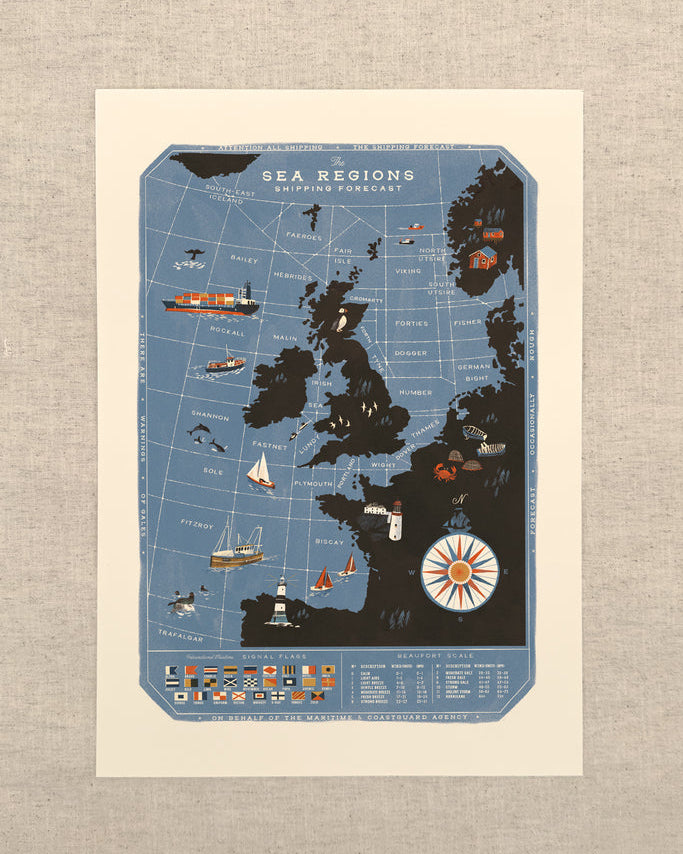 Map of sea regions with illustrations on a textured beige background
