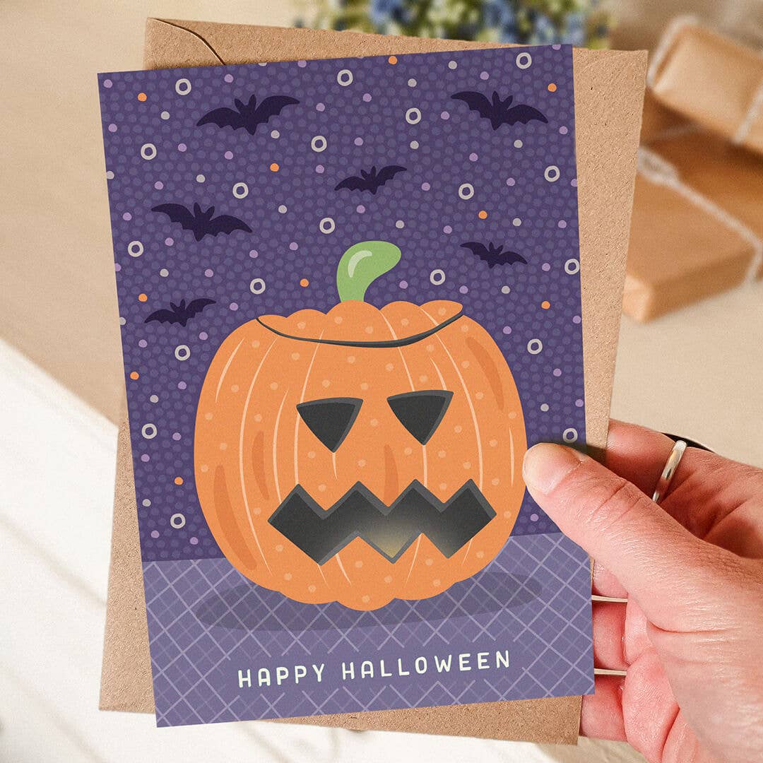 Purple and Orange Illustrated Pumpkin Halloween Card