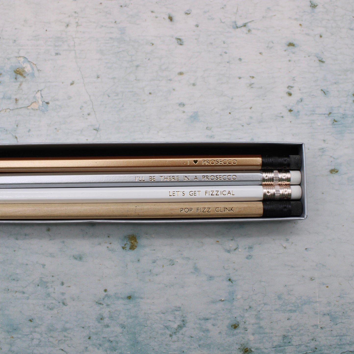 Set of pencils with phrases inspired from a prosecco lover, from the Pencil Me In stationery shop.