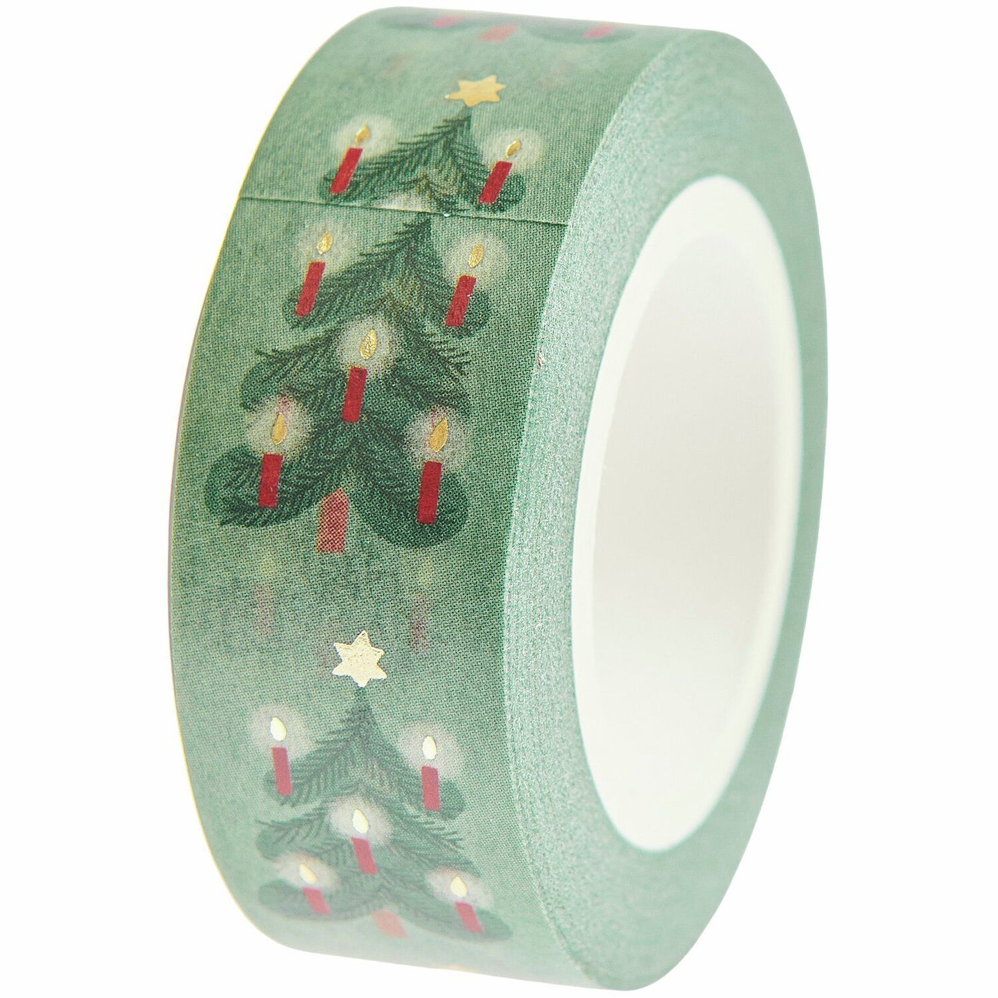 A roll of washi tape featuring Christmas trees and candles from the Pencil Me In stationery shop. 