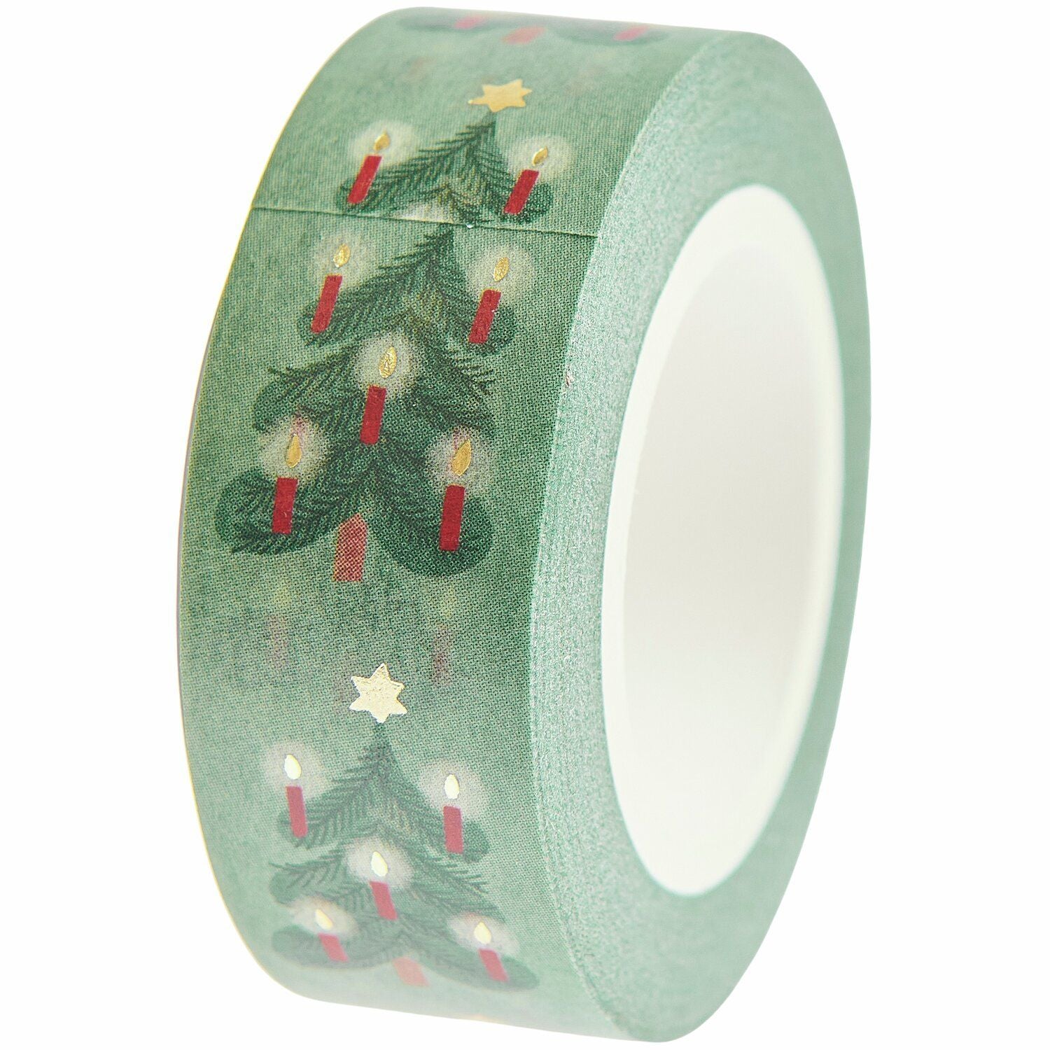 A roll of washi tape featuring Christmas trees and candles from the Pencil Me In stationery shop. 