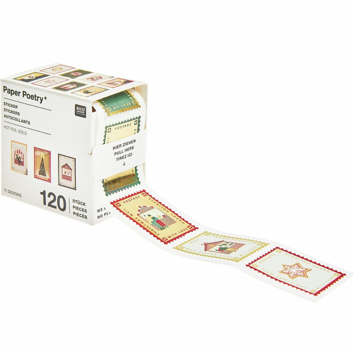 A box of Paper Poetry stickers with festive designs in the style of stamps from the Pencil Me In stationery shop. 