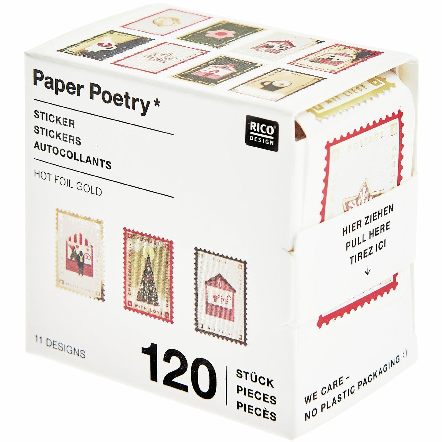 A box of Paper Poetry stickers with festive designs in the style of stamps from the Pencil Me In stationery shop. 