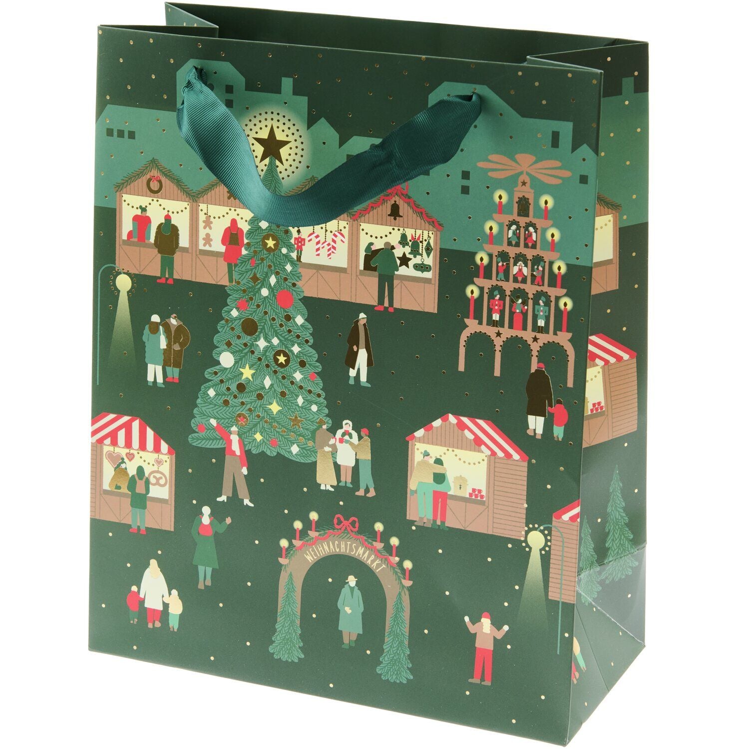 A gift bag with a Christmas market design featuring a tree and people from the Pencil Me In stationery shop.