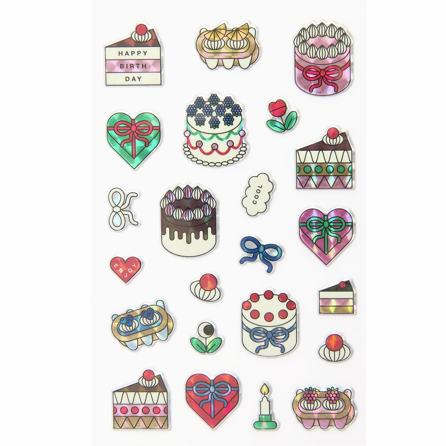 A sheet of holographic cake stickers from the Pencil Me In stationery shop. 