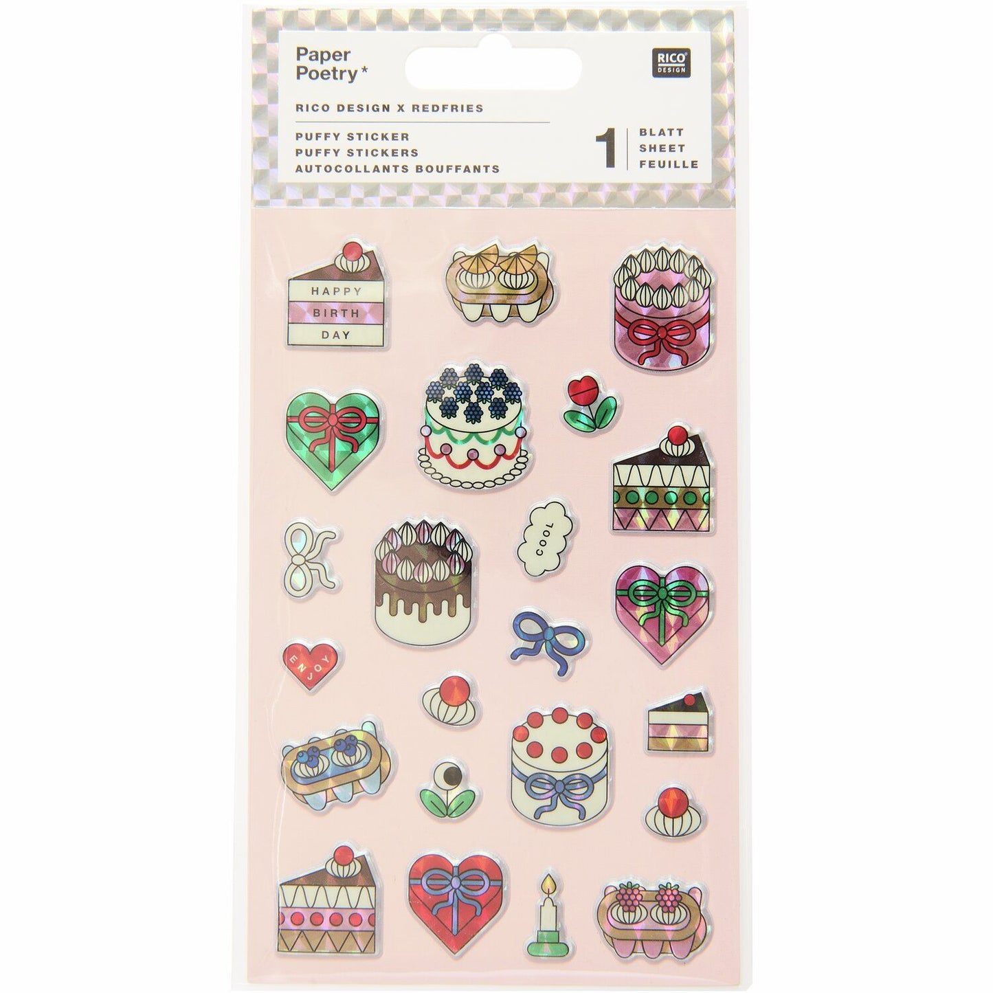 A sheet of holographic cake stickers from the Pencil Me In stationery shop. 