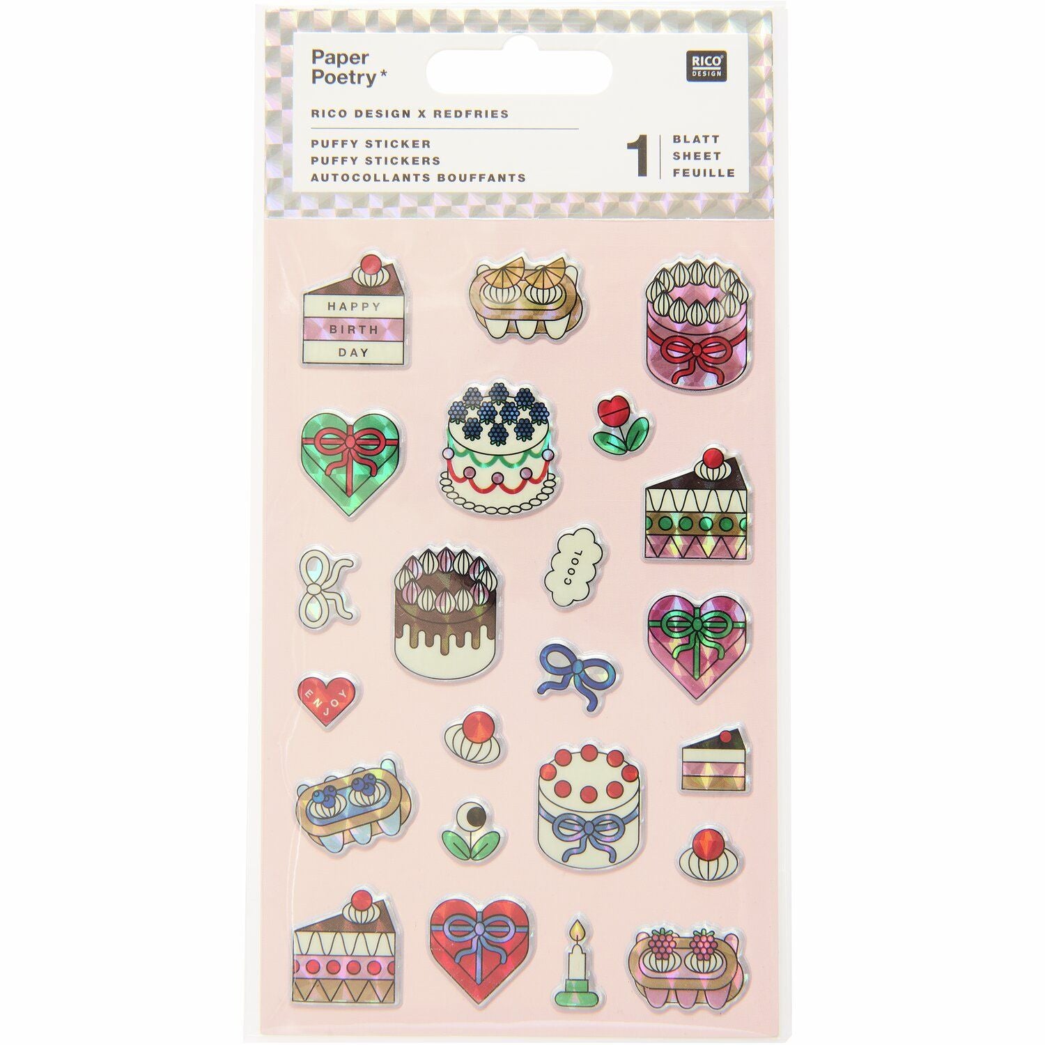 A sheet of holographic cake stickers from the Pencil Me In stationery shop. 