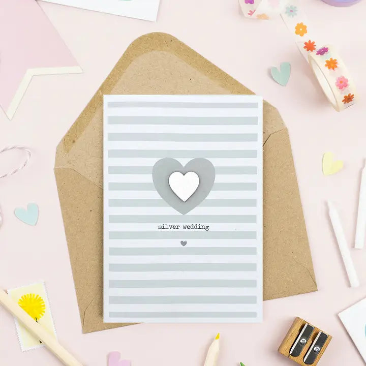 Silver Anniversary Wooden Heart Embellished card