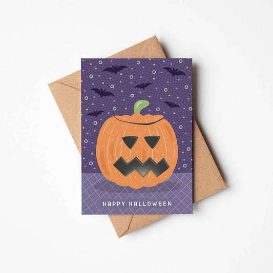 Purple and Orange Illustrated Pumpkin Halloween Card