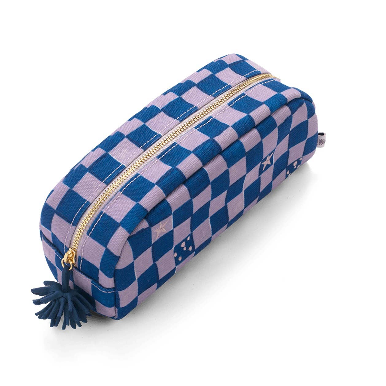 A purple checkerboard pencil case from the Pencil Me In stationery shop. 