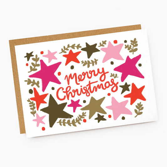 Pink and Green Modern Stars Christmas Card