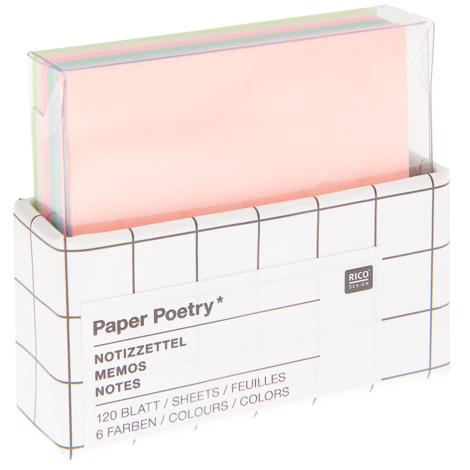 A selection of mini coloured post it notes in a box from the Pencil Me in stationery shop. 