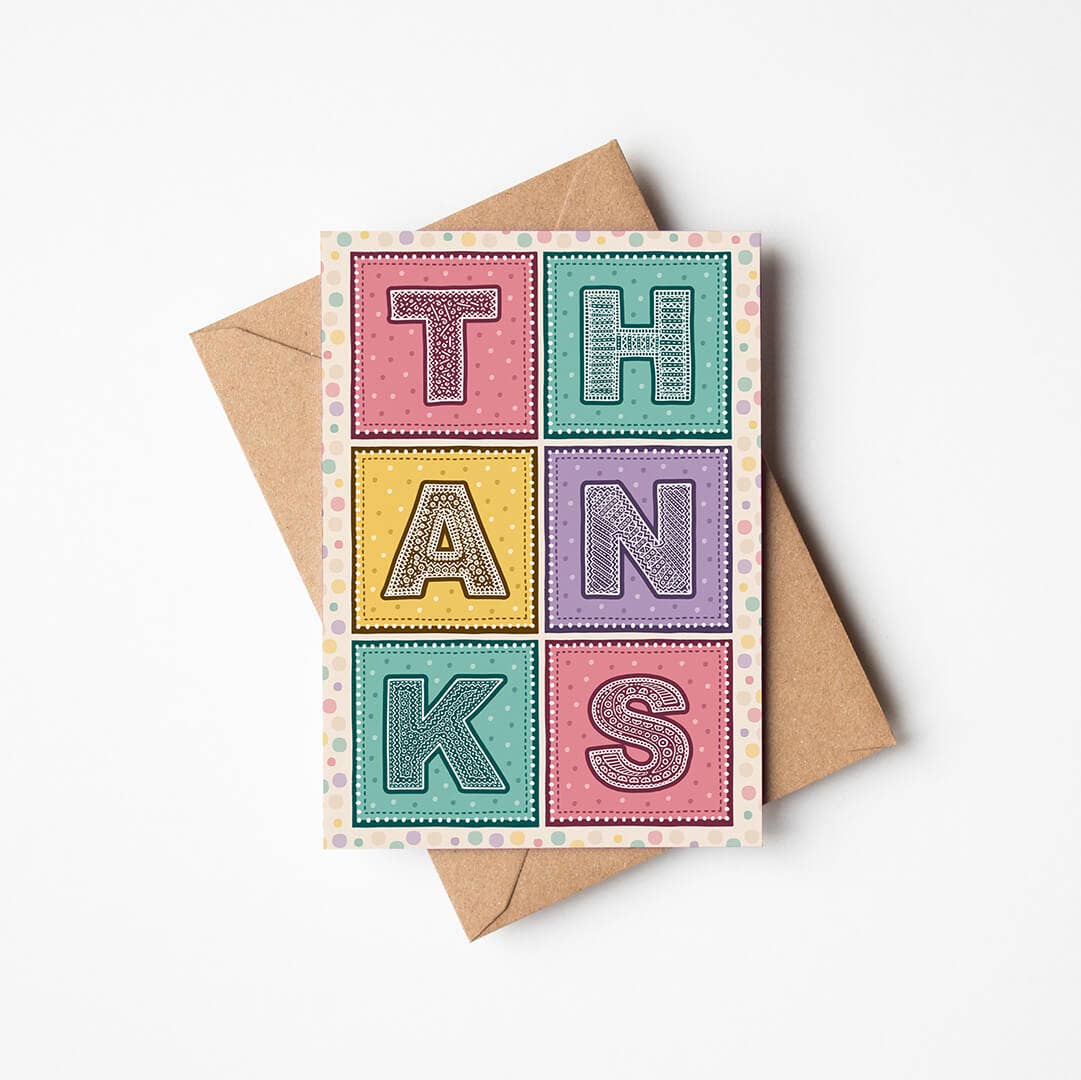 Pink Turquoise and Yellow Fun Typographic Thank You Card