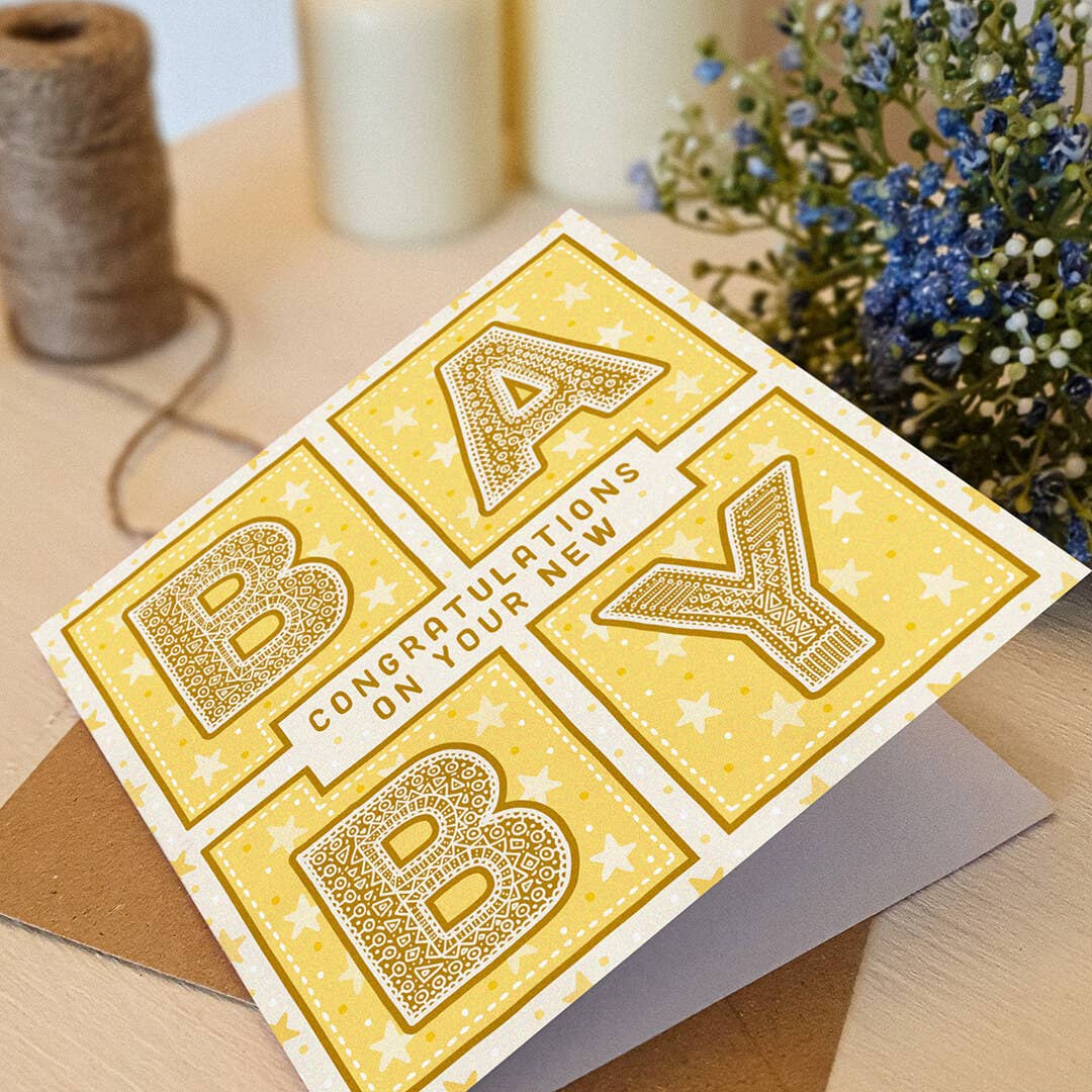 Yellow Gender Neutral Typographic New Baby Card