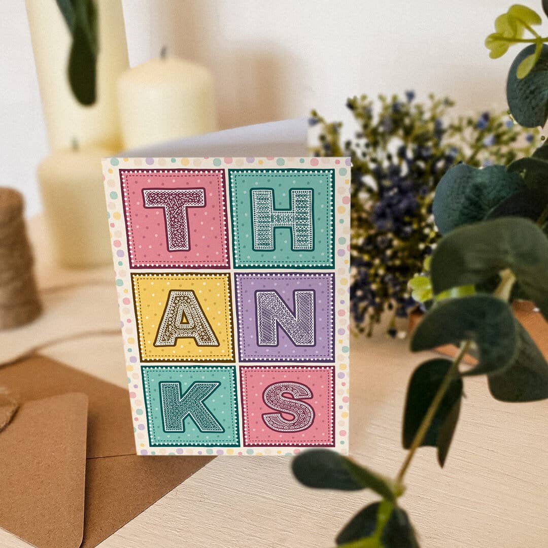 Pink Turquoise and Yellow Fun Typographic Thank You Card