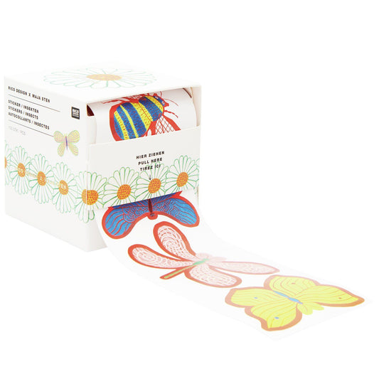 A box of insect stickers with colorful designs from the Pencil Me In stationery shop. 