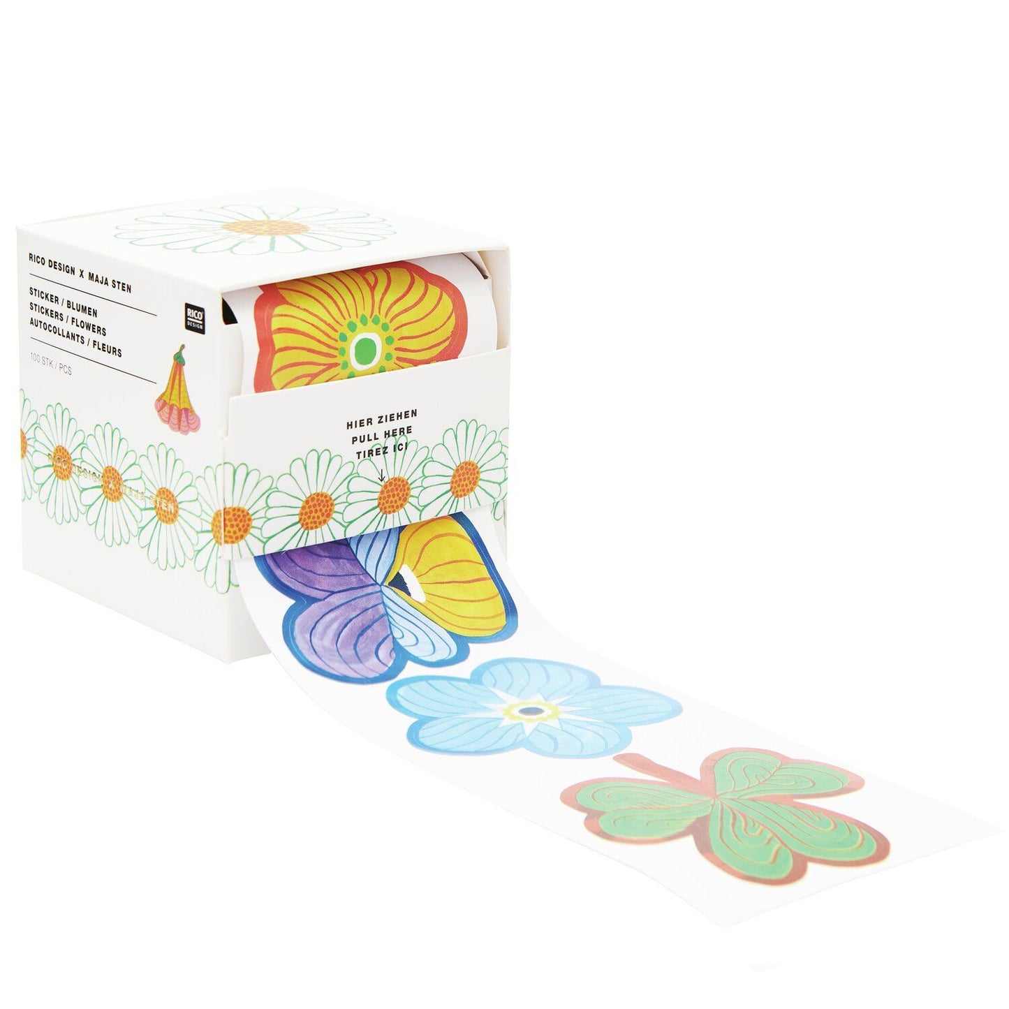 A Colorful box of flower-shaped stickers from the Pencil Me In stationery shop. 