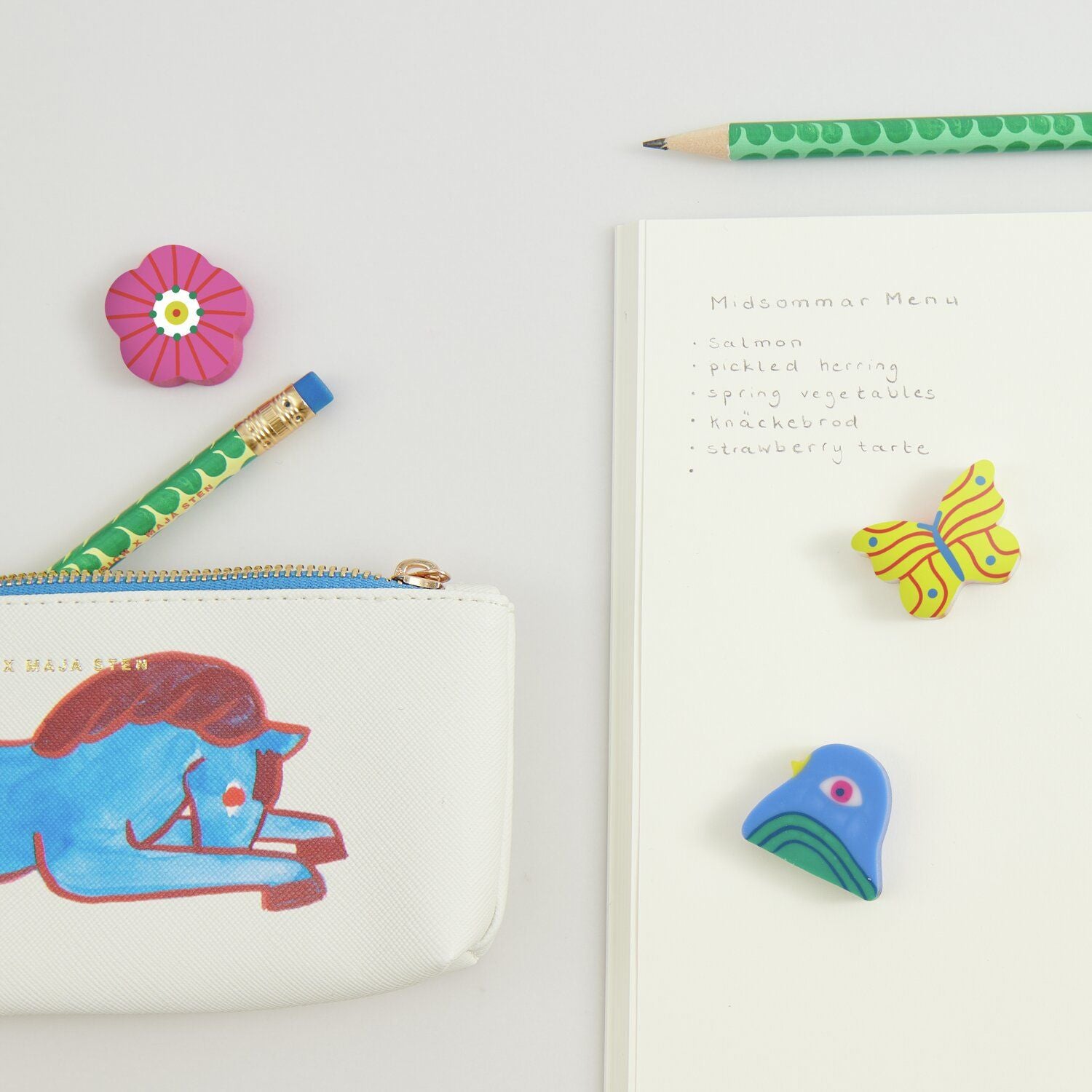 A set of colourful erasers from the Pencil me In stationery shop. 