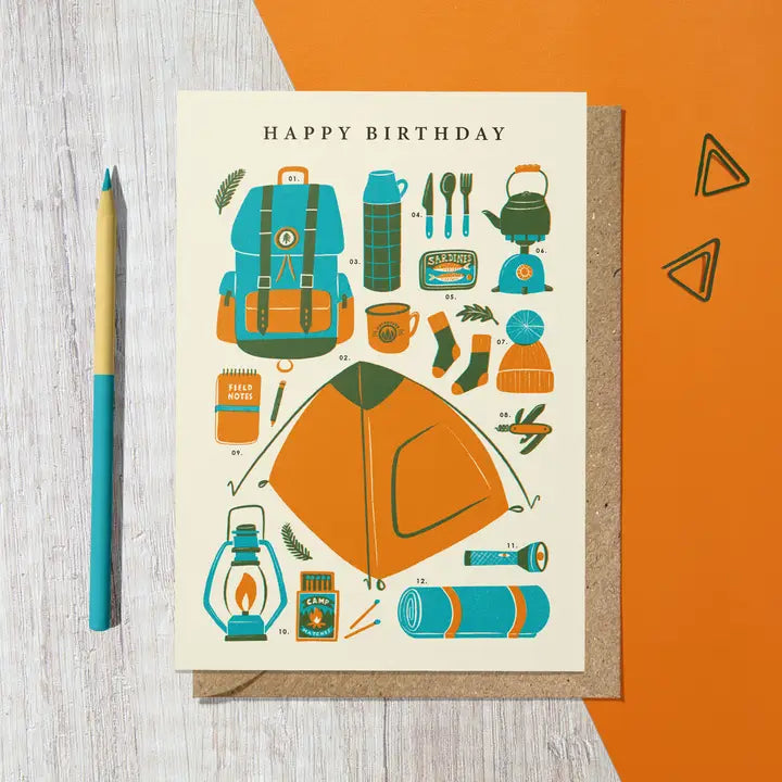 Wild Camping kit Birthday card