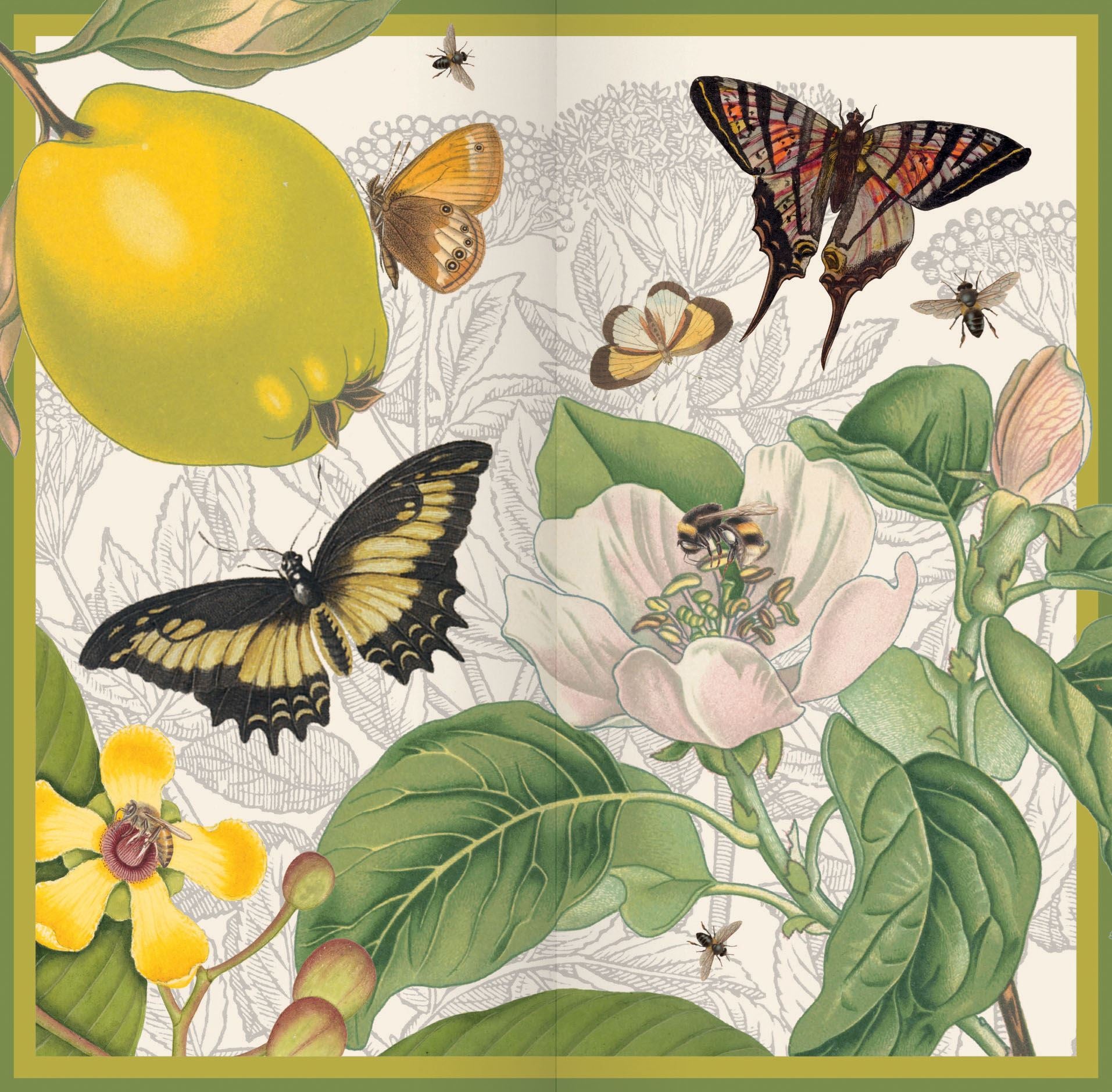 An image of flowers, fruit and butterflies from the interior of a 2026 diary from the Pencil Me In stationery shop.