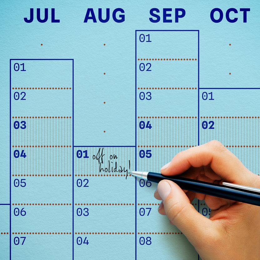 A light blue hanging calendar showing the months of the year in a grid format. Available from the Pencil Me In stationery shop. 