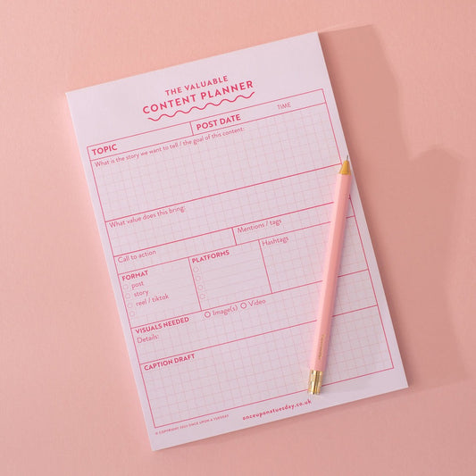 Pink social media content planning pad from the Pencil Me In stationery shop.