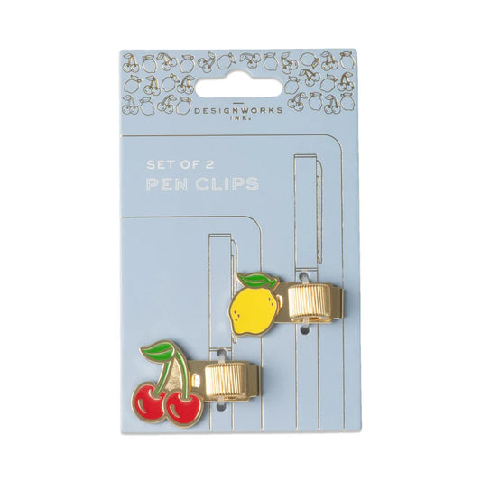 Set of 2 pen clips with cherry and lemon design on packaging