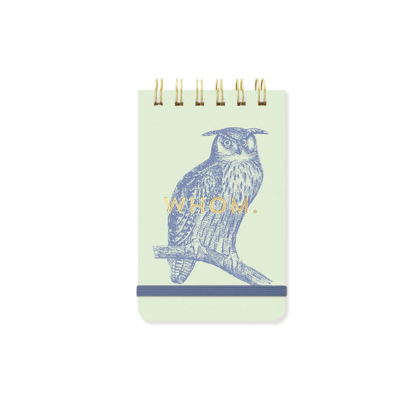 Green spiral flip notepad with an owl and whom on the cover from the Pencil Me In stationery shop