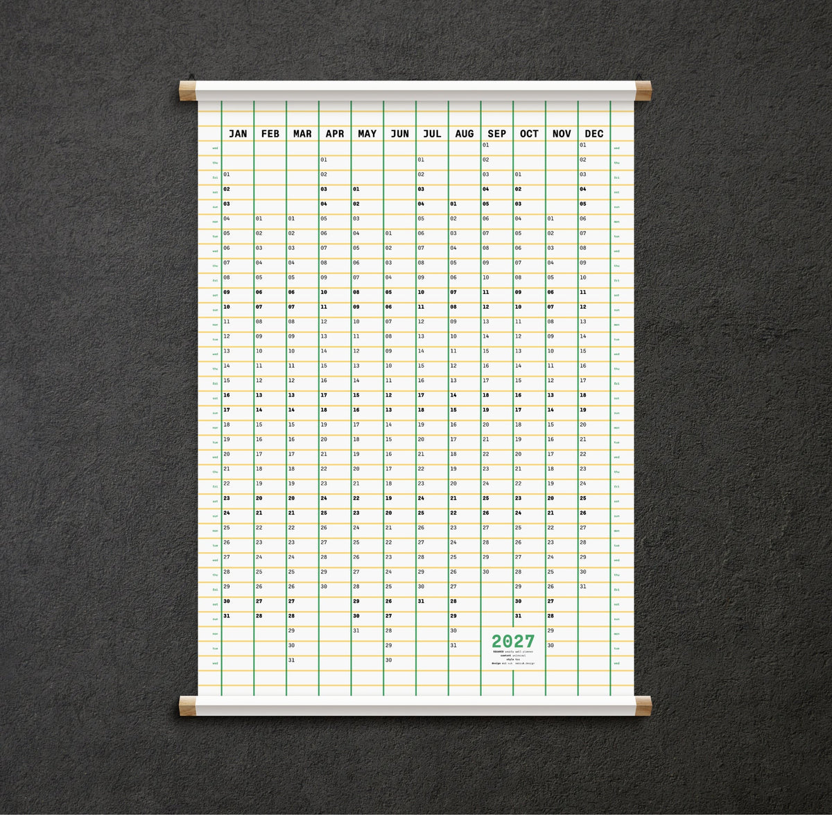 A vertical wall calendar with a monthly grid from January to December available from the Pencil Me In stationery shop. 