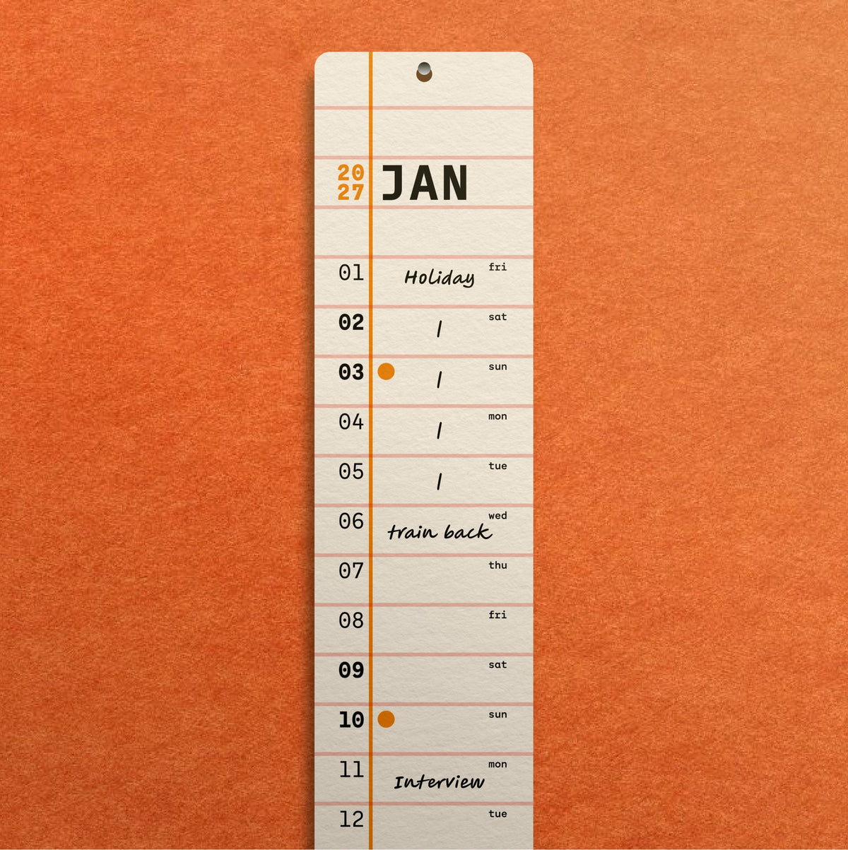 A slim vertical monthly calendar available from the Pencil Me In stationery shop.