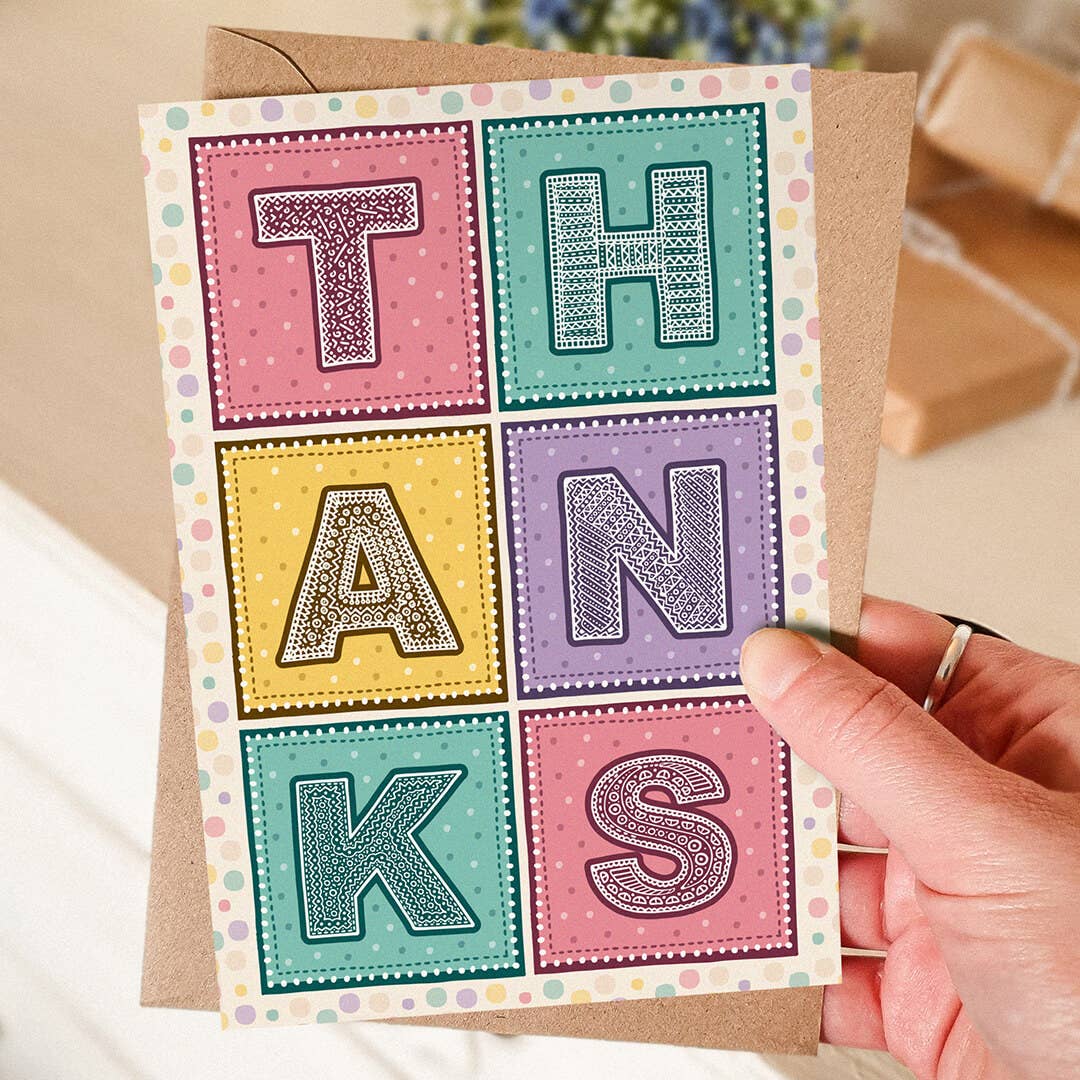 Pink Turquoise and Yellow Fun Typographic Thank You Card