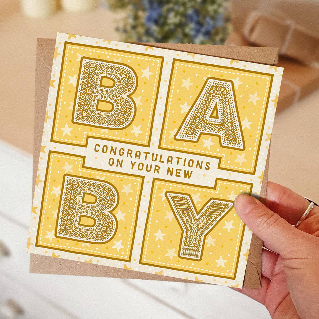 Yellow Gender Neutral Typographic New Baby Card