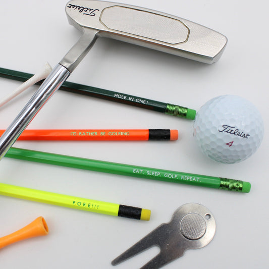 Set of 4 pencils with fun golf related phrases printed on them, available from the Pencil Me In Stationery shop