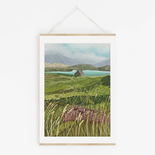 Print of a peaceful bothy nestled in the Scottish highlands from the Pencil Me In stationery shop