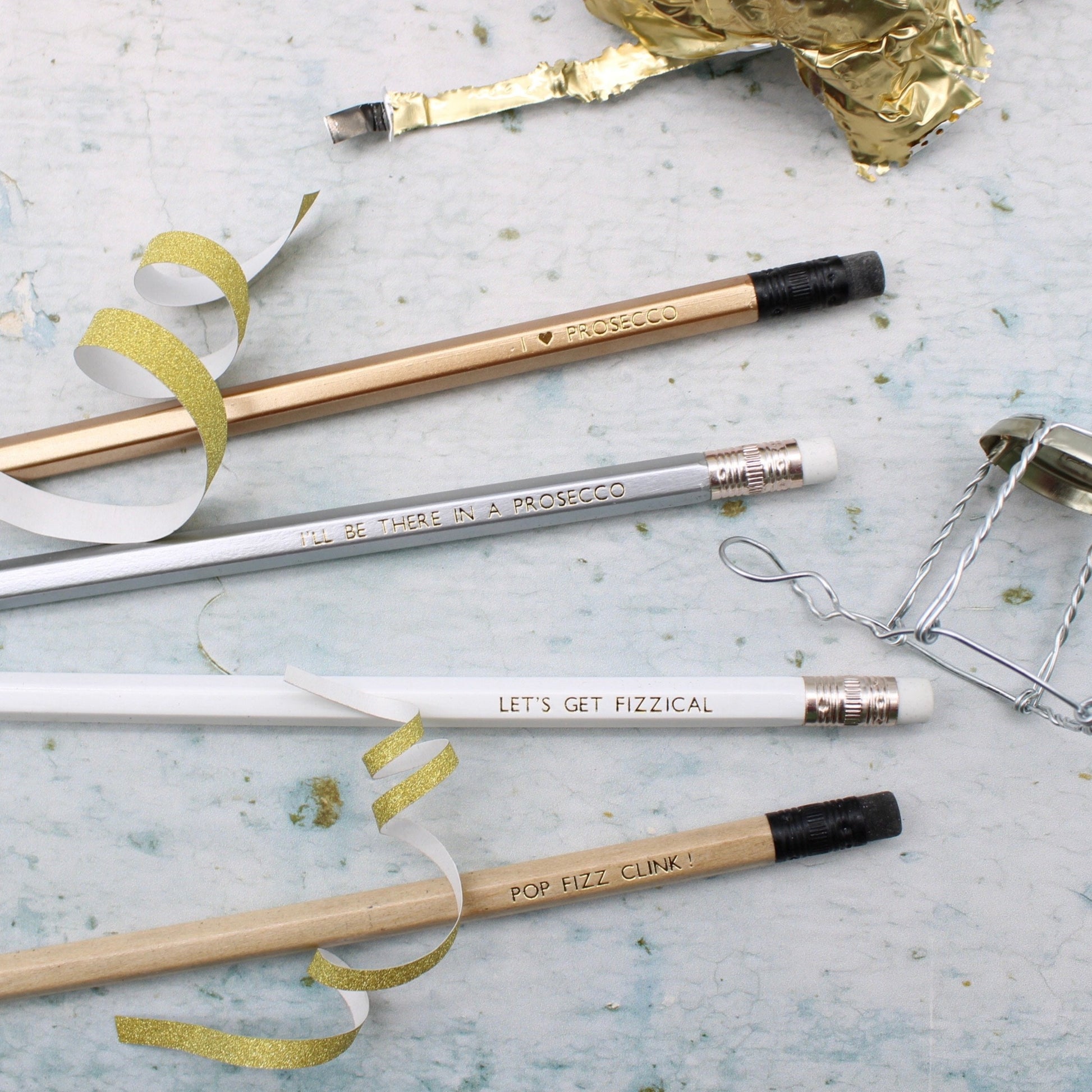 Set of pencils with phrases inspired from a prosecco lover, from the Pencil Me In stationery shop.