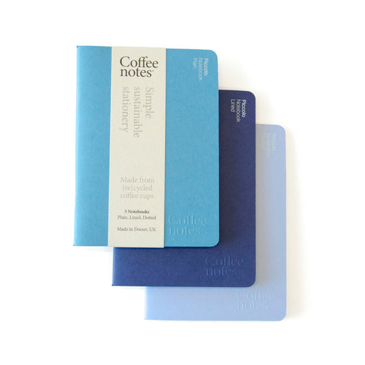 A selection of 3 pocket notebooks in pastel blue, dark blue and blue from the Pencil Me In stationery shop. 