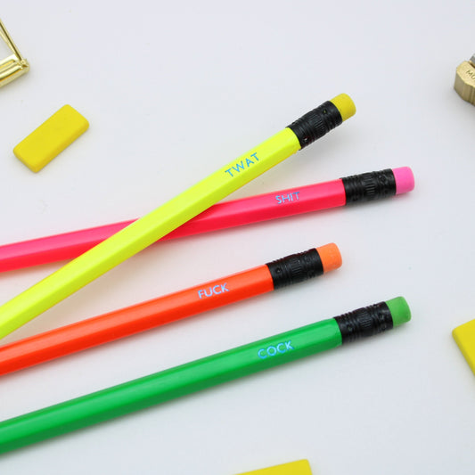 Set of 4 neon pencils with swear words on them from the Pencil Me In stationery shop
